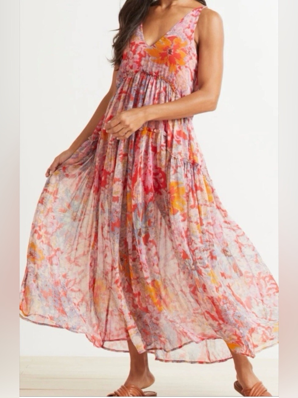 Free People Red Julianna Chiffon Maxi Dress Bohemian Summer Deep V Pockets Flowy